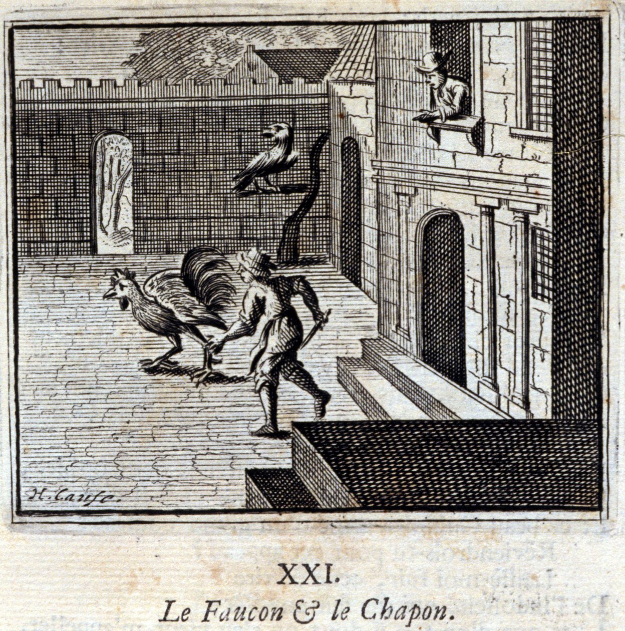 Sokół i kapon. Bajki Jean de La Fontaine (1621-95). Ilustracja autorstwa François Chauveau (1613-1676). Wydanie z 1728 r. autorstwa Francois Chauveau