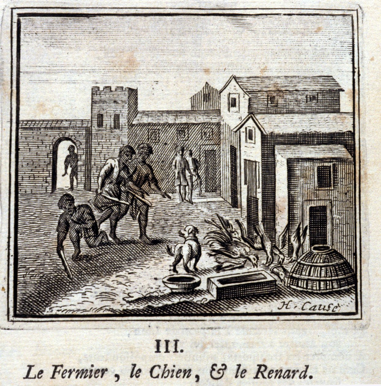 Rolnik, pies i lis. Bajki Jean de La Fontaine (1621-95). Ilustracja François Chauveau (1613-1676). Wydanie z 1728 r. autorstwa Francois Chauveau