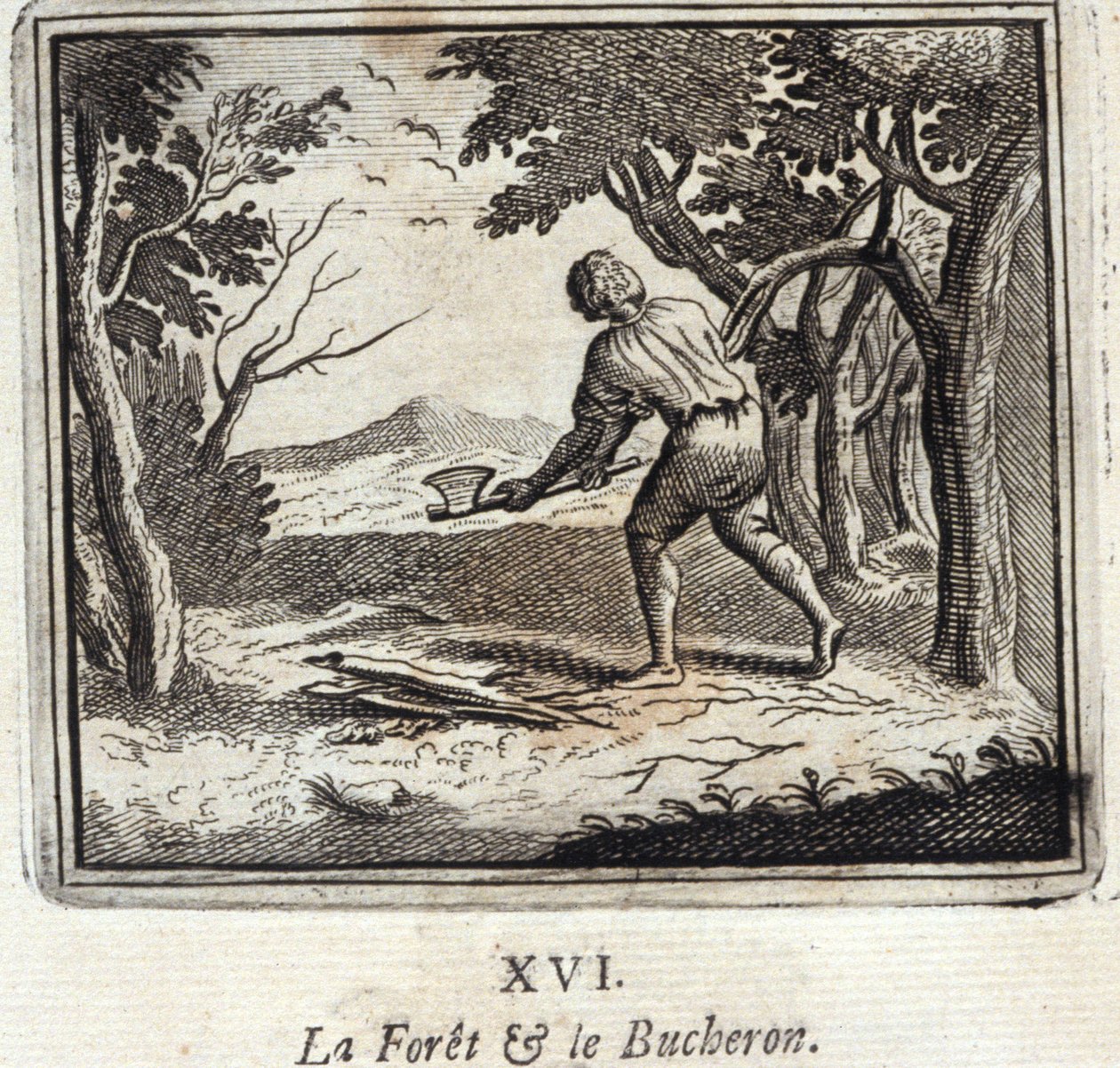 Las i Bucheron. Bajki Jean de La Fontaine (1621-95). Ilustracja Francois Chauveau (1613-1676). Wydanie z 1728 r. autorstwa Francois Chauveau