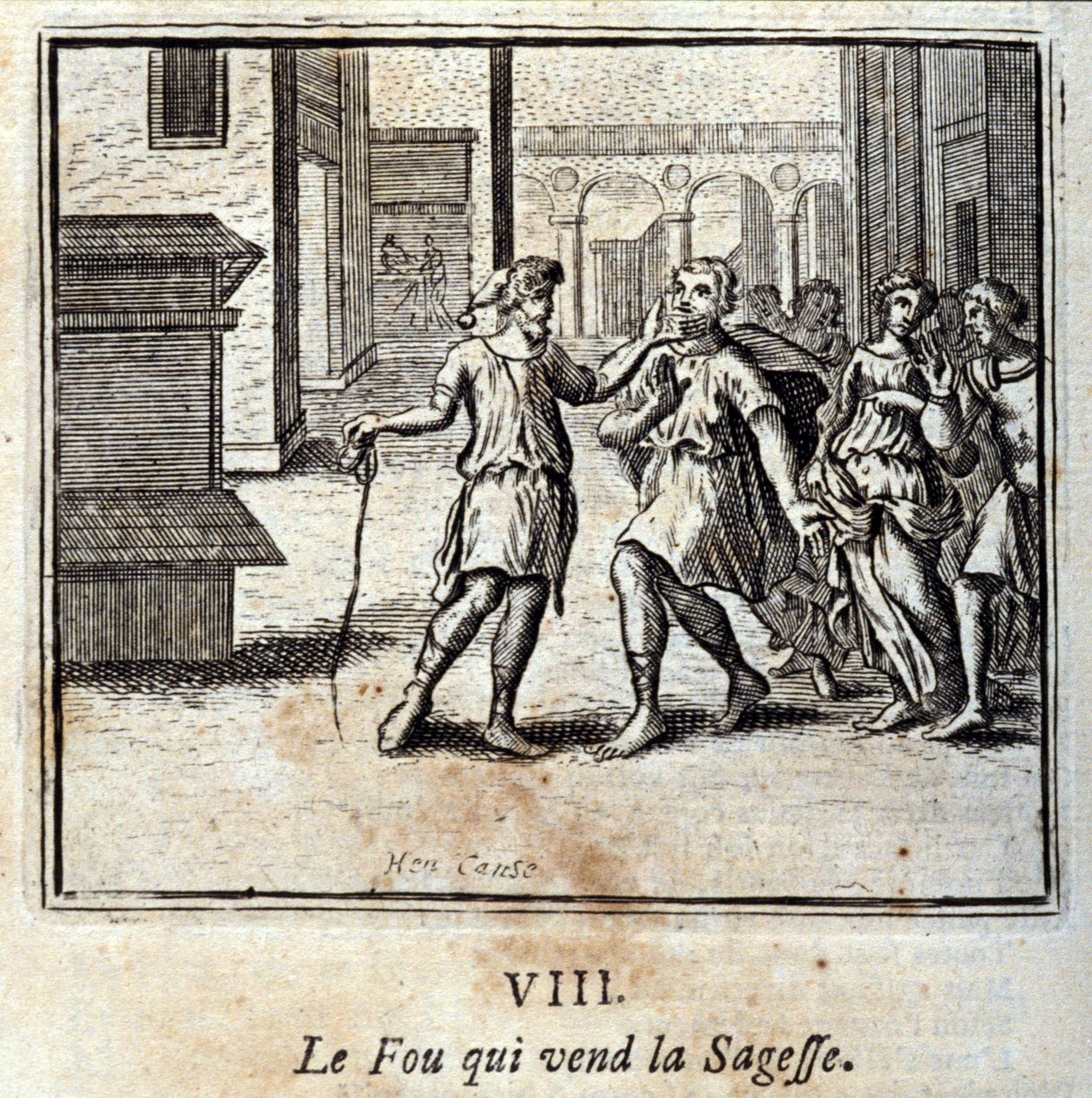 Fou, który sprzedaje mądrość. Bajki Jean de La Fontaine (1621-95). Ilustracja Francois Chauveau (1613-1676). Wydanie z 1728 r. autorstwa Francois Chauveau