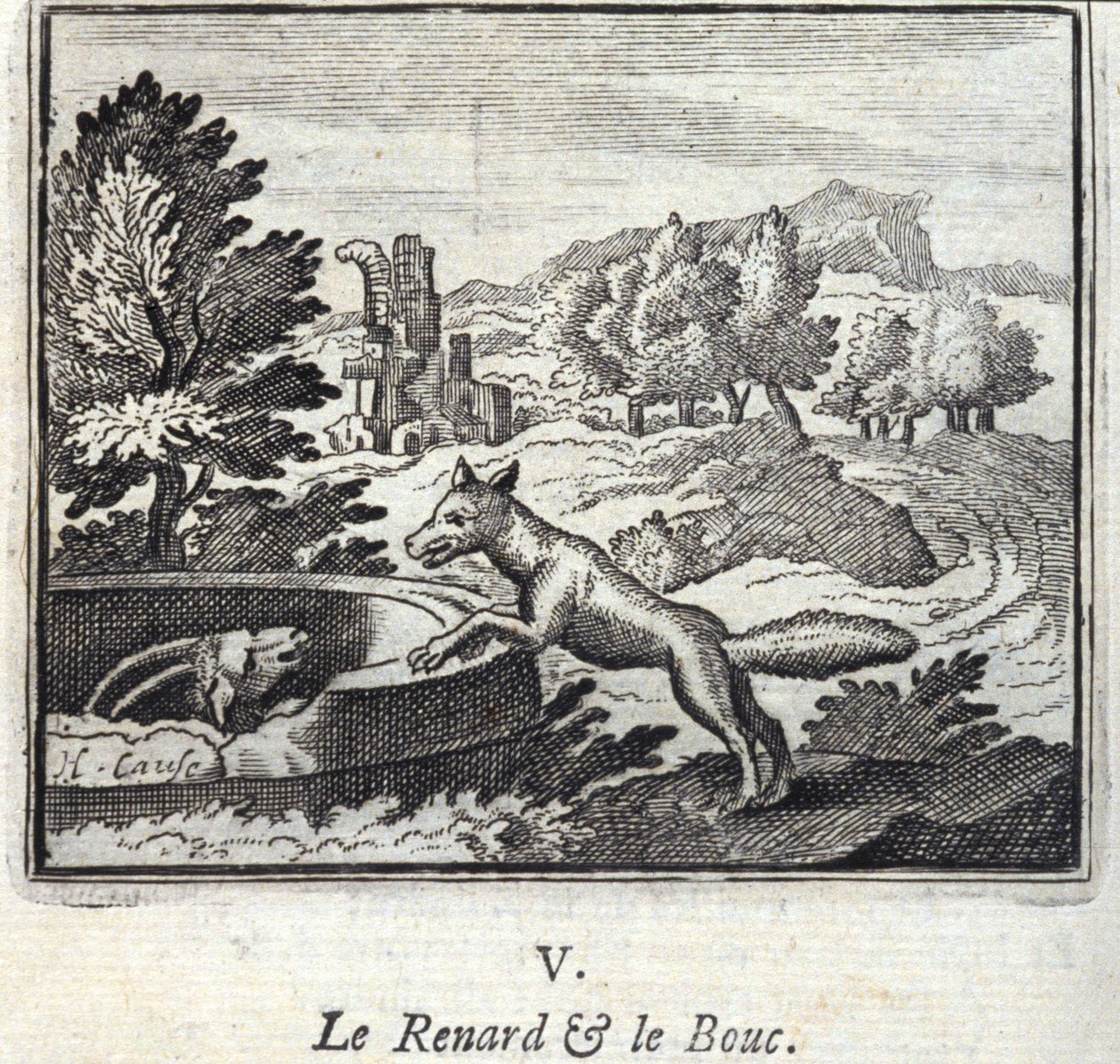 The Fox and the Bouc.Fables Jean de La Fontaine (1621-95). Ilustracja François Chauveau (1613-1676). Wydanie z 1728 r. autorstwa Francois Chauveau