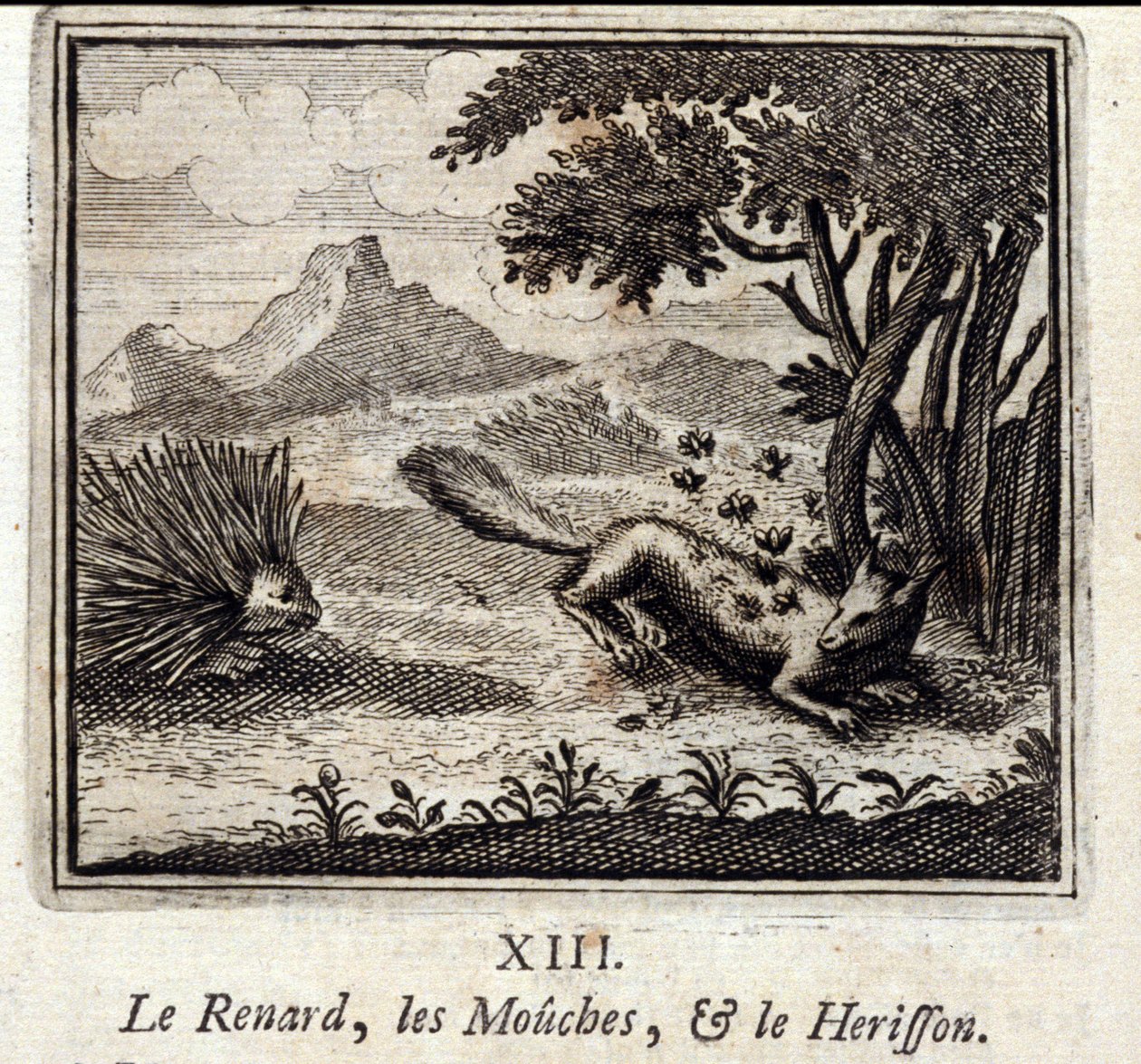 Lis, muchy i Herisson. Bajki Jean de La Fontaine (1621-95). Ilustracja François Chauveau (1613-1676). Wydanie z 1728 r. autorstwa Francois Chauveau