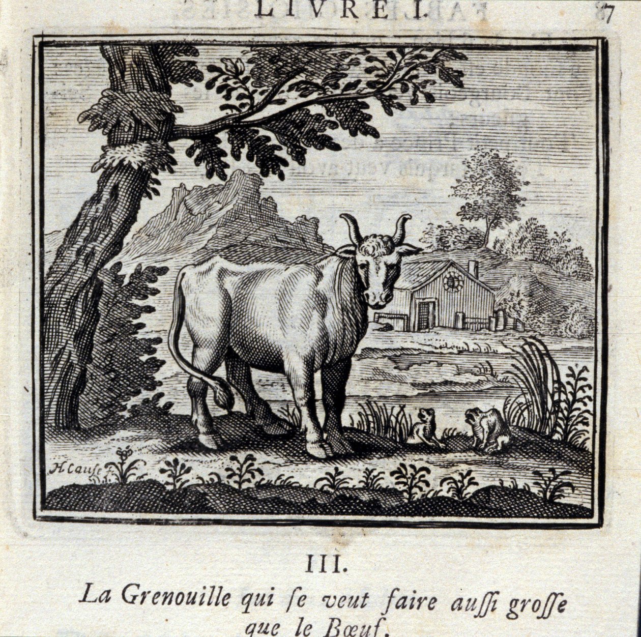 Żaba, która chce być tak duża jak Wołowina. Bajki Jean de La Fontaine (1621-95). Ilustracja autorstwa François Chauveau (1613-1676). Wydanie z 1728 r. autorstwa Francois Chauveau