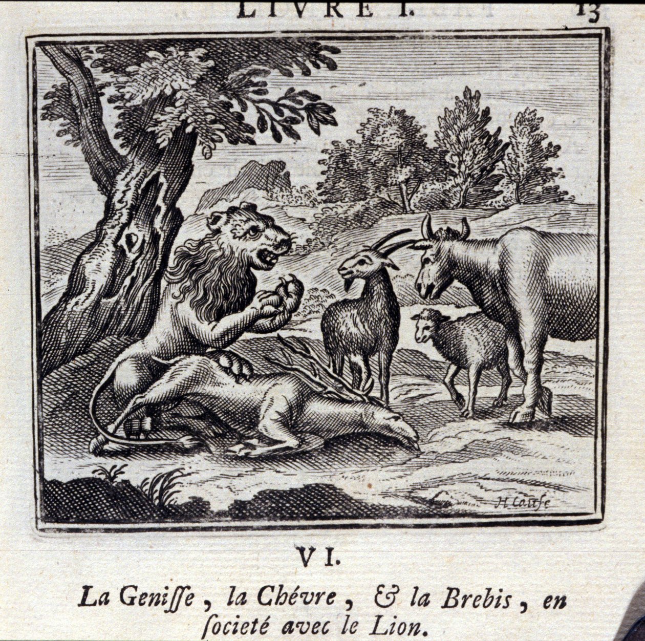 Genisse Gove i Owca w towarzystwie Lwa. Bajki Jean de La Fontaine (1621-95). Ilustracja François Chauveau (1613-1676). Wydanie z 1728 r. autorstwa Francois Chauveau