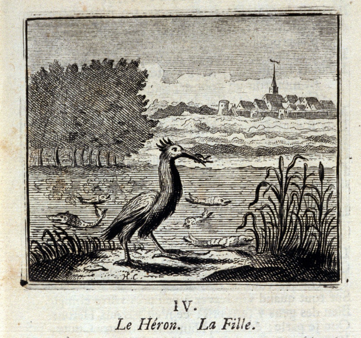 Czapla. Bajki Jean de La Fontaine (1621-95). Ilustracja autorstwa François Chauveau (1613-1676). Wydanie z 1728 r. autorstwa Francois Chauveau