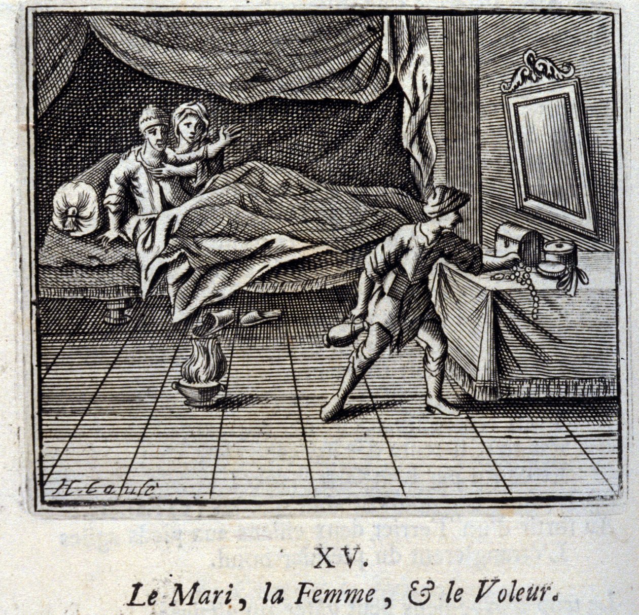Mąż, kobieta i złodziej. Bajki Jean de La Fontaine (1621-95). Ilustracja autorstwa François Chauveau (1613-1676). Wydanie z 1728 r. autorstwa Francois Chauveau
