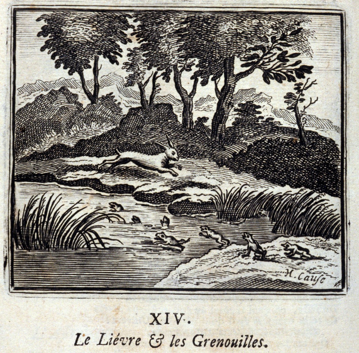 Lievre i żaby. Bajki Jean de La Fontaine (1621-95). Ilustracja François Chauveau (1613-1676). Wydanie z 1728 r. autorstwa Francois Chauveau