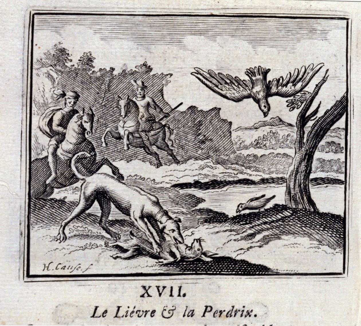Lievre i Pardrix. Bajki Jeana de La Fontaine (1621-95). Ilustracja François Chauveau (1613-1676). Wydanie z 1728 r. autorstwa Francois Chauveau