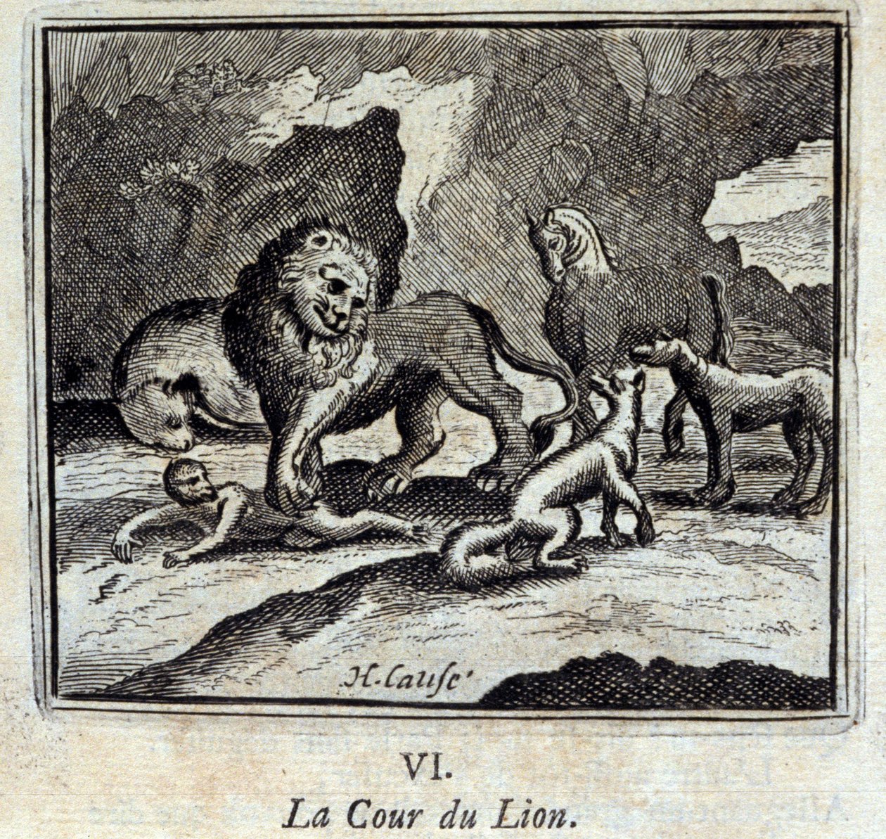 Dwór Lwa. Bajki Jean de La Fontaine (1621-95). Ilustracja François Chauveau (1613-1676). Wydanie z 1728 r. autorstwa Francois Chauveau