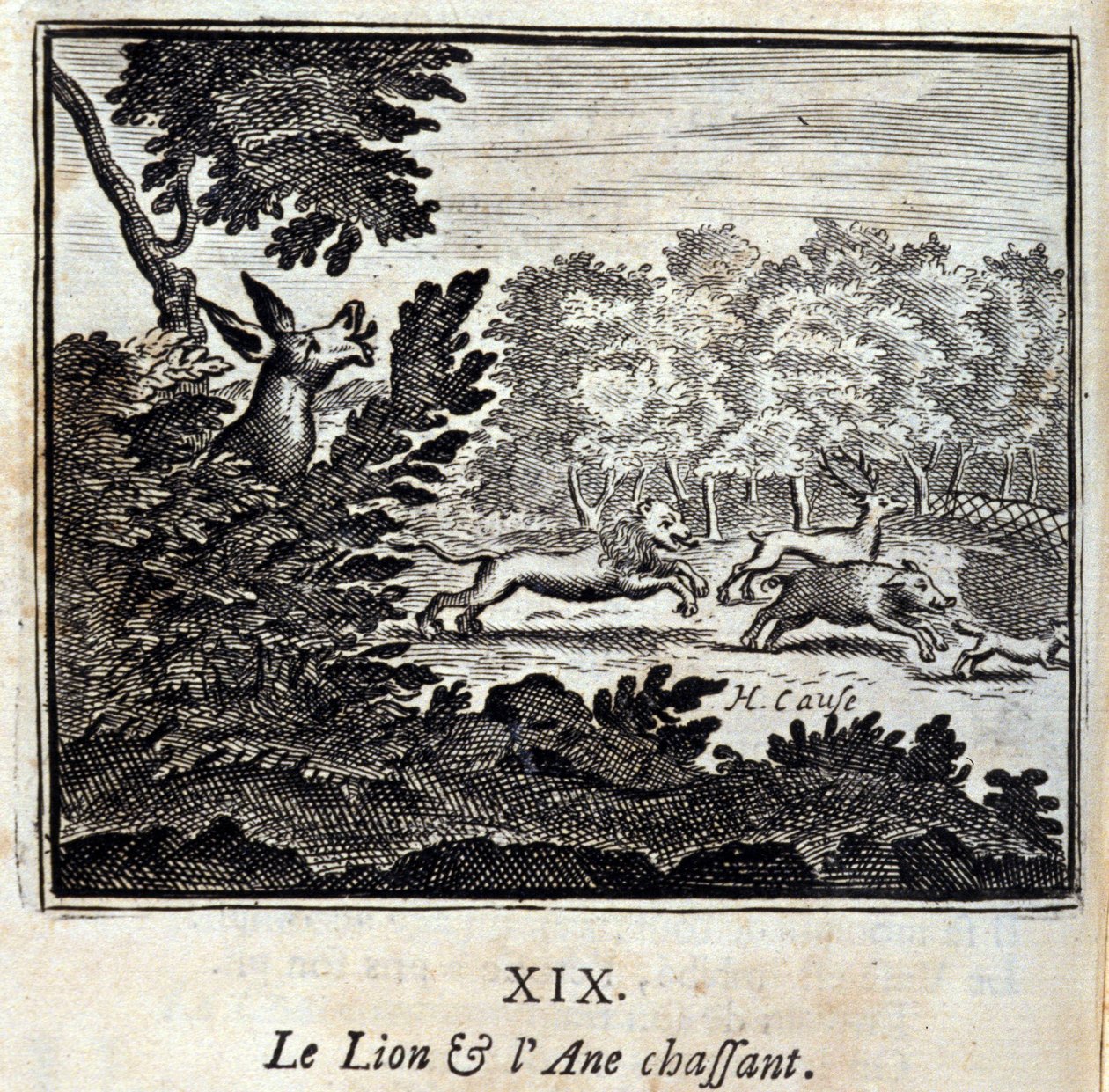 Polowanie na lwa i osła. Bajki Jean de La Fontaine (1621-95). Ilustracja François Chauveau (1613-1676). Wydanie z 1728 r. autorstwa Francois Chauveau
