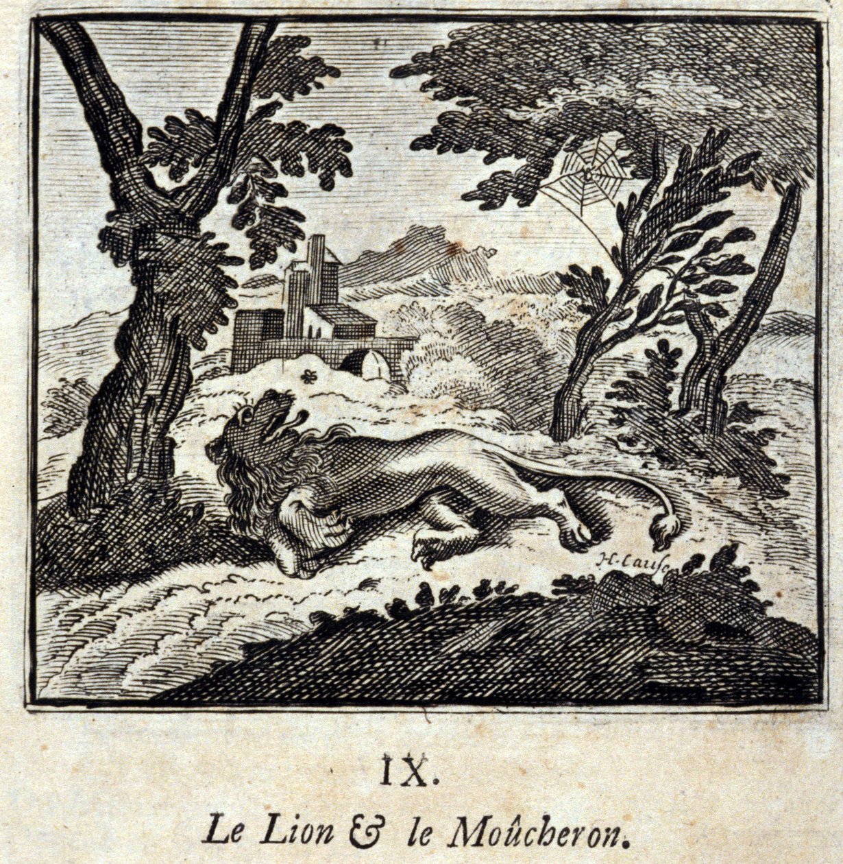 Lew i muchołówka. Bajki Jean de La Fontaine (1621-95). Ilustracja Francois Chauveau (1613-1676). Wydanie z 1728 r. autorstwa Francois Chauveau