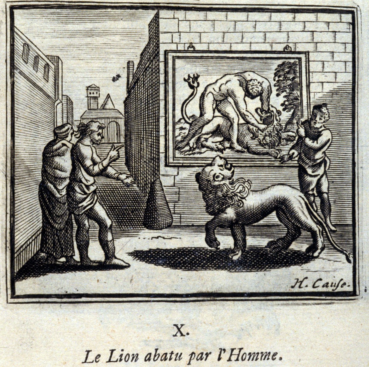 Lew zestrzelony przez człowieka. Bajki Jean de La Fontaine (1621-95). Ilustracja François Chauveau (1613-1676). Wydanie z 1728 r. autorstwa Francois Chauveau