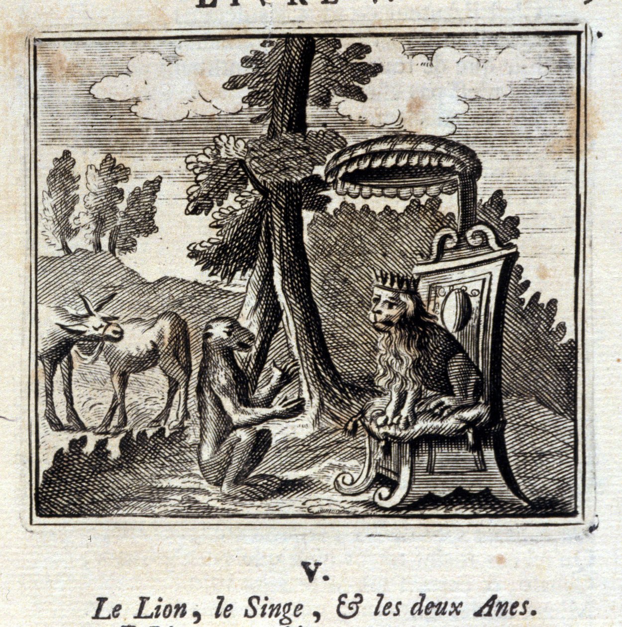 The Lion the Monkey and the Two Anes.Bajki Jean de La Fontaine (1621-95). Ilustracja François Chauveau (1613-1676). Wydanie z 1728 r. autorstwa Francois Chauveau