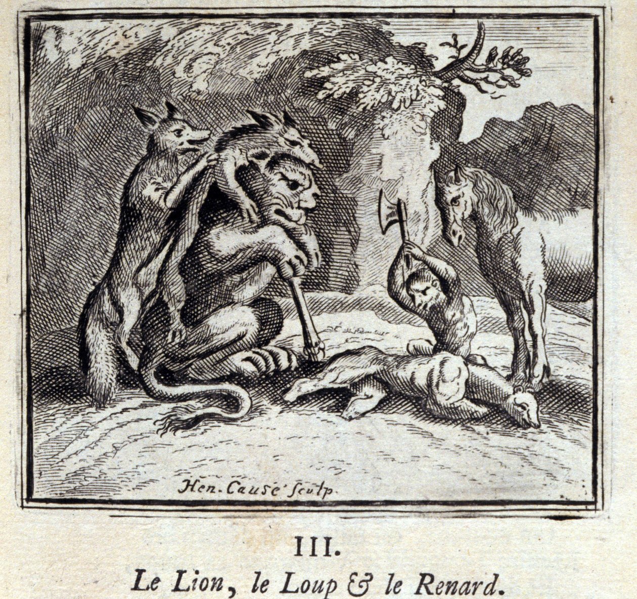 Lew, Wilk i Lis. Bajki Jean de La Fontaine (1621-95). Ilustracja François Chauveau (1613-1676). Wydanie z 1728 r. autorstwa Francois Chauveau