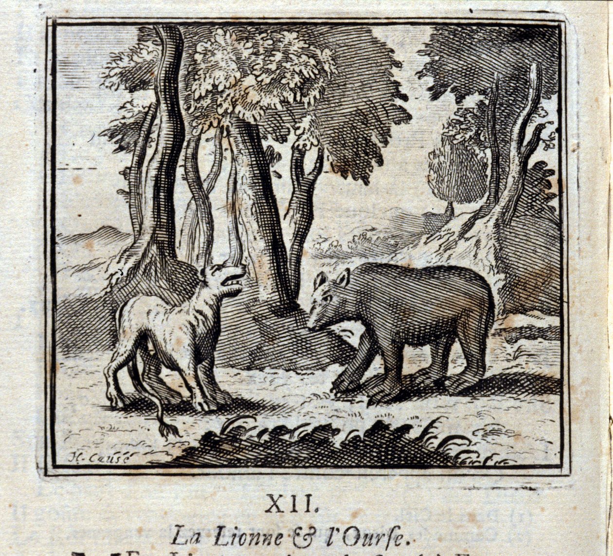 Lwica i Niedźwiedź. Bajki Jean de La Fontaine (1621-95). Ilustracja François Chauveau (1613-1676). Wydanie z 1728 r. autorstwa Francois Chauveau