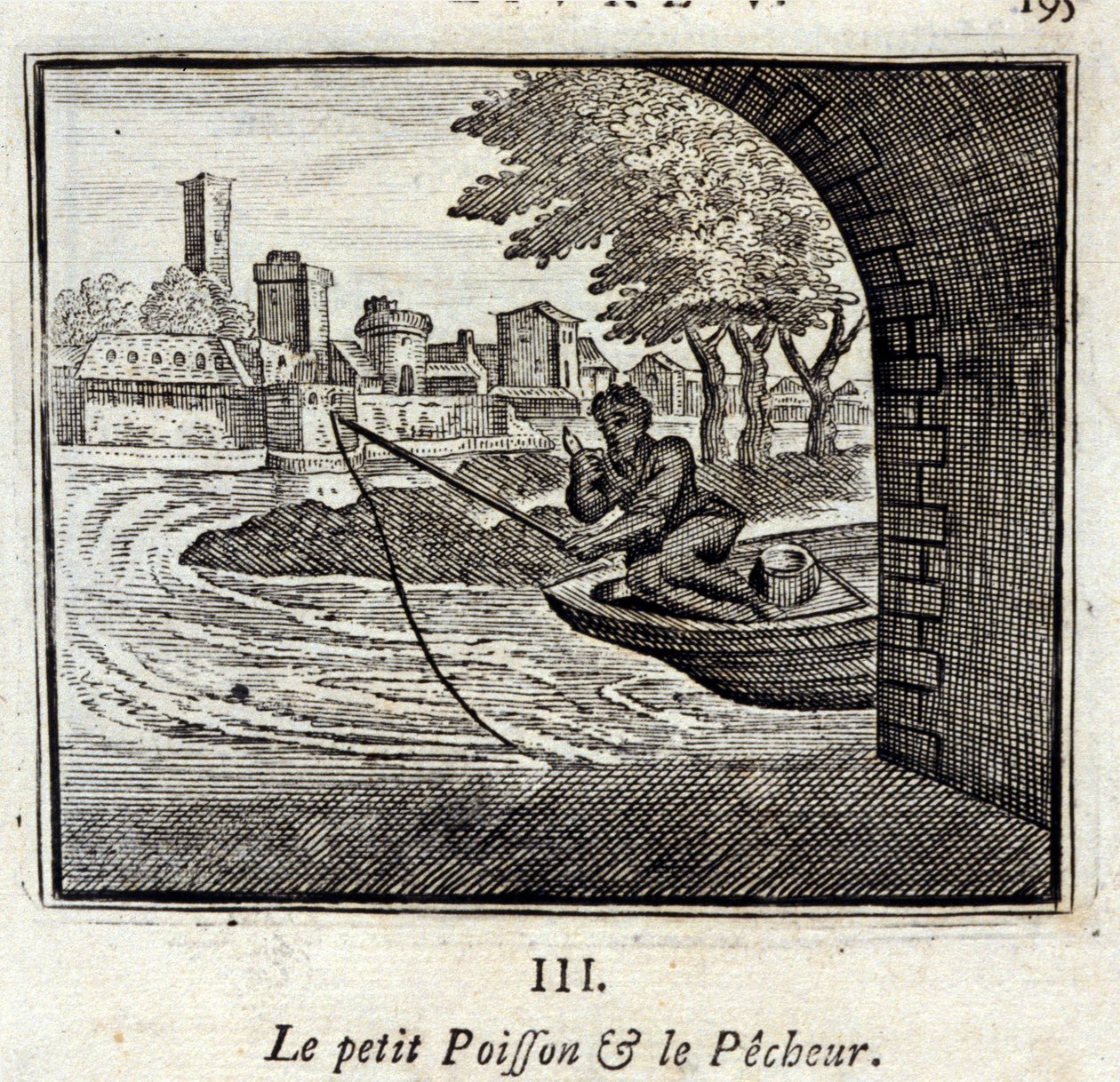 Mała Rybka i Rybak. Bajki Jean de La Fontaine (1621-95). Ilustracja autorstwa François Chauveau (1613-1676). Wydanie z 1728 r. autorstwa Francois Chauveau