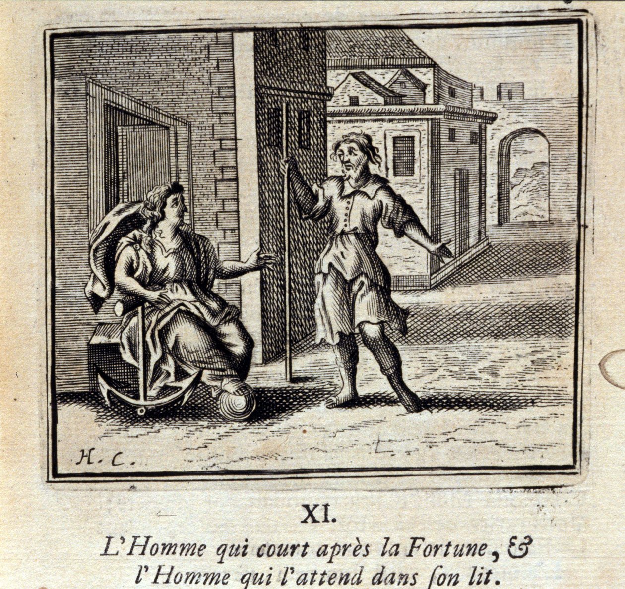 Człowieka, który biegnie za Fortuną i Człowieka, który czeka na niego w łóżku. Bajki Jean de La Fontaine (1621-95). Ilustracja François Chauveau (1613-1676). Wydanie z 1728 r. autorstwa Francois Chauveau