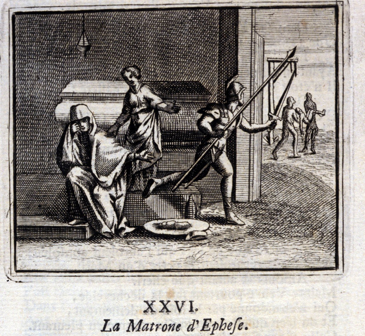 Matrona Efezu. Bajki Jean de La Fontaine (1621-95). Ilustracja Francois Chauveau (1613-1676). Wydanie z 1728 r. autorstwa Francois Chauveau