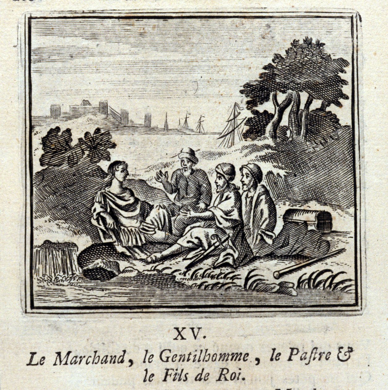 Kupiec, Dżentelmen, Patra i Syn Króla. Bajki Jean de La Fontaine (1621-95). Ilustracja François Chauveau (1613-1676). Wydanie z 1728 r. autorstwa Francois Chauveau