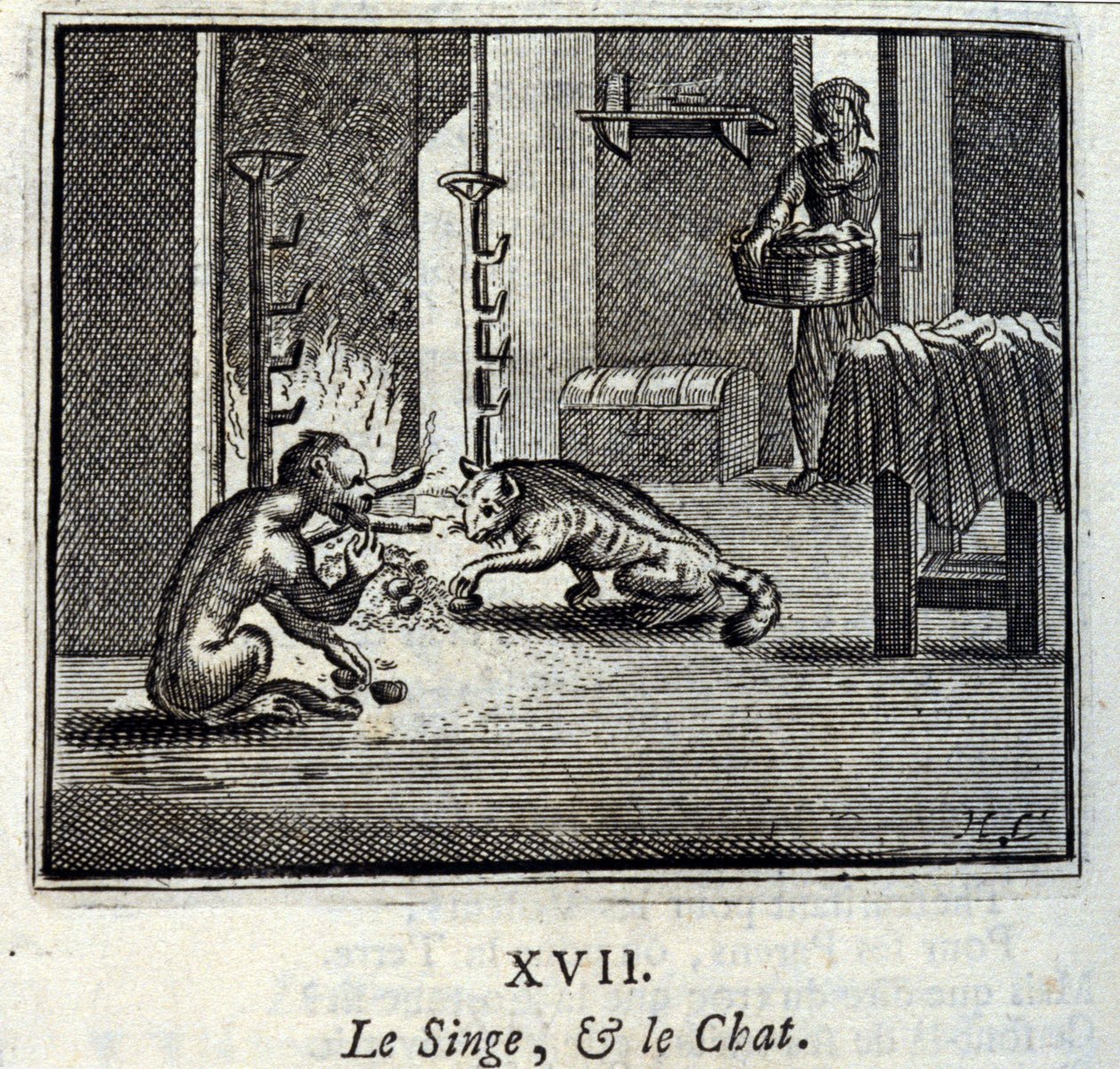 Małpa i kot. Bajki Jean de La Fontaine (1621-95). Ilustracja Francois Chauveau (1613-1676). Wydanie z 1728 r. autorstwa Francois Chauveau