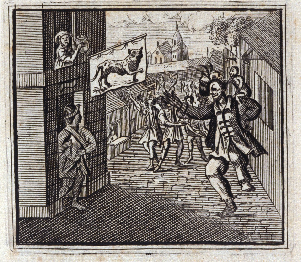 Małpa i lampart. Bajki Jean de La Fontaine (1621-95). Ilustracja Francois Chauveau (1613-1676). Wydanie z 1728 r. autorstwa Francois Chauveau