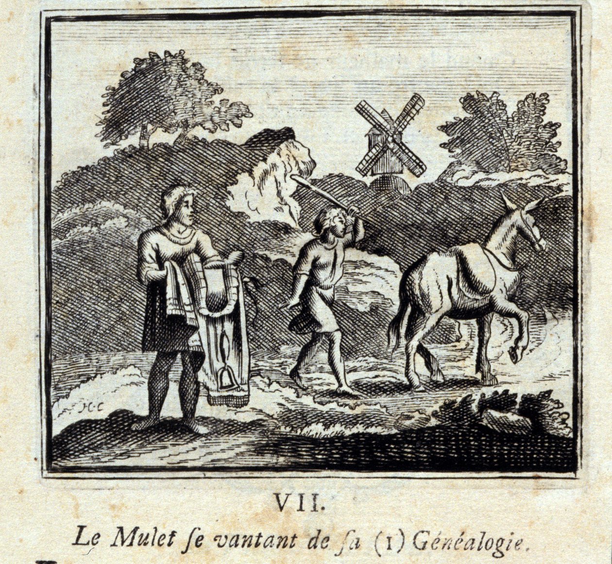 Mullet chwali się swoją genealogią. Bajki Jean de La Fontaine (1621-95). Ilustracja autorstwa François Chauveau (1613-1676). Wydanie z 1728 r. autorstwa Francois Chauveau