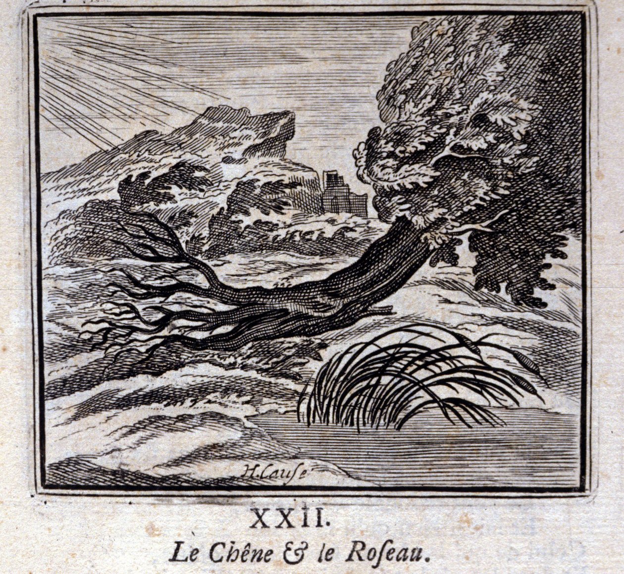 Dąb i trzcina. Bajki Jean de La Fontaine (1621-95). Ilustracja autorstwa François Chauveau (1613-1676). Wydanie z 1728 r. autorstwa Francois Chauveau