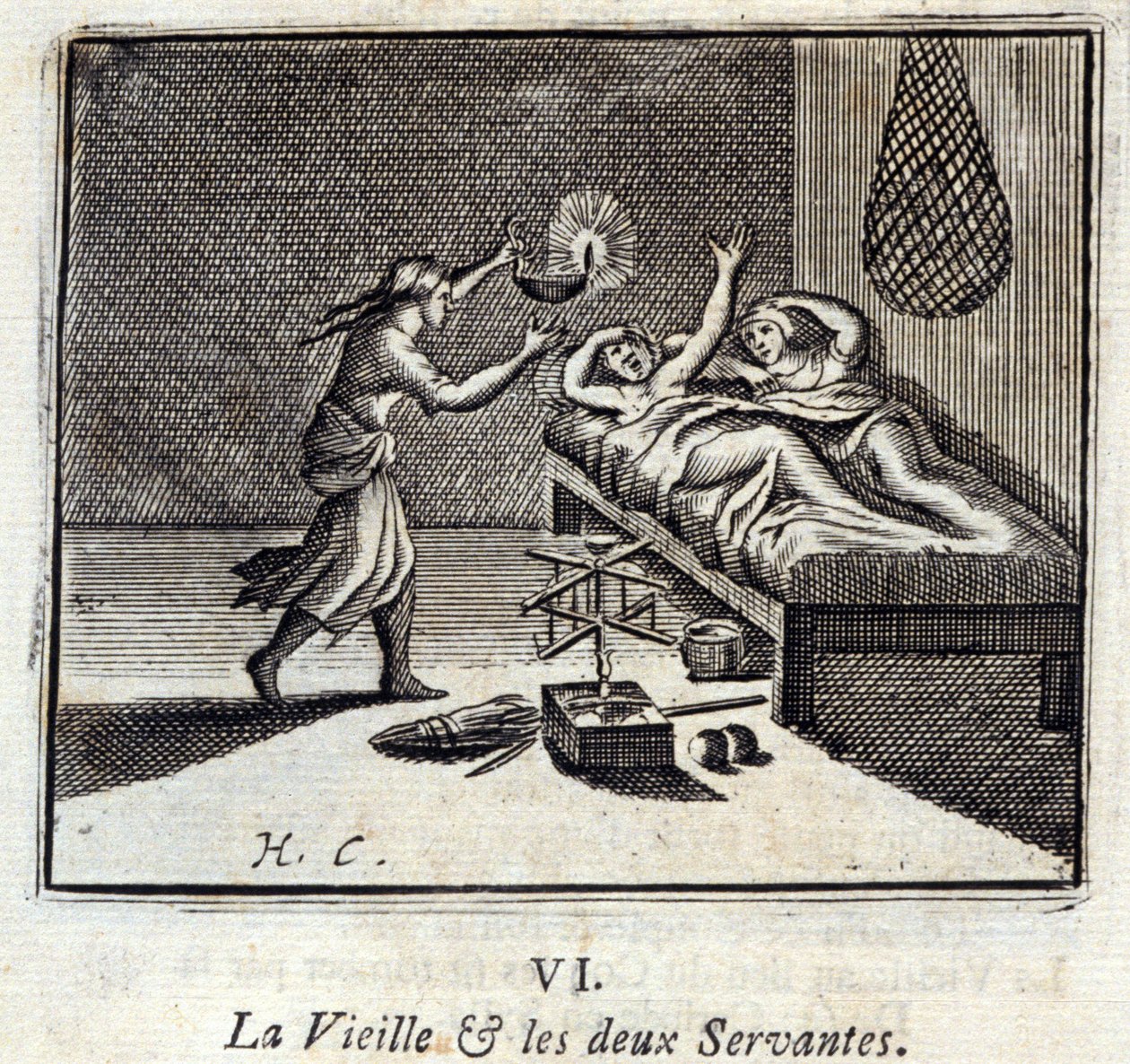 Staruszka i dwie sługi. Bajki Jean de La Fontaine (1621-95). Ilustracja autorstwa François Chauveau (1613-1676). Wydanie z 1728 r. autorstwa Francois Chauveau