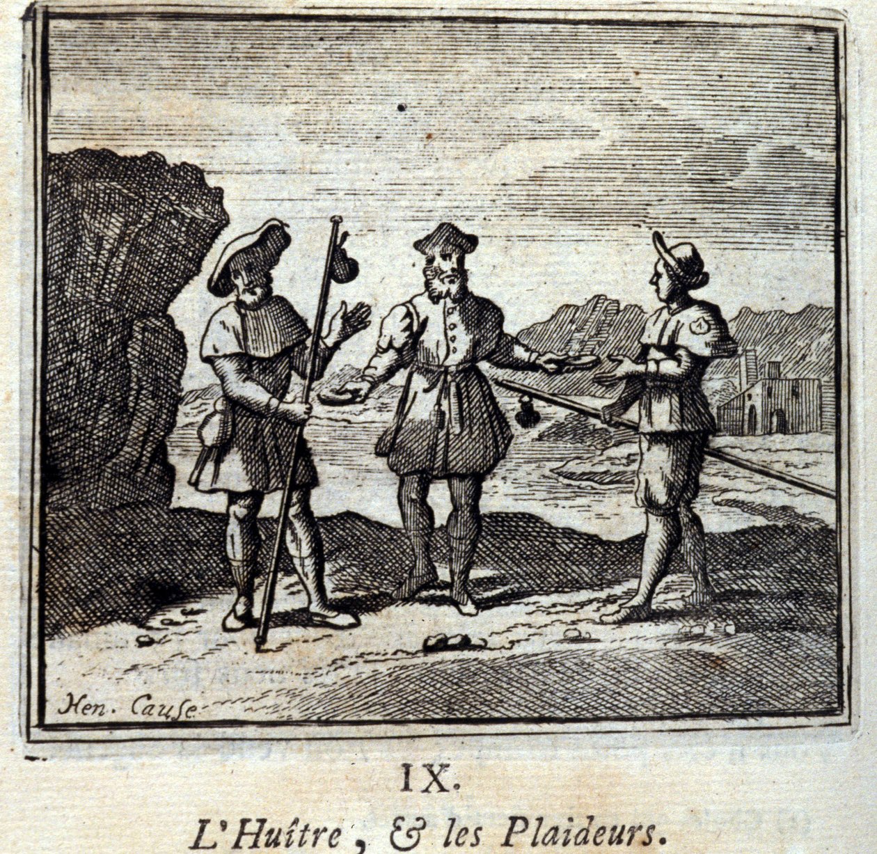 Ostryga i strony procesowe. Bajki Jean de La Fontaine (1621-95). Ilustracja autorstwa François Chauveau (1613-1676). Wydanie z 1728 r. autorstwa Francois Chauveau