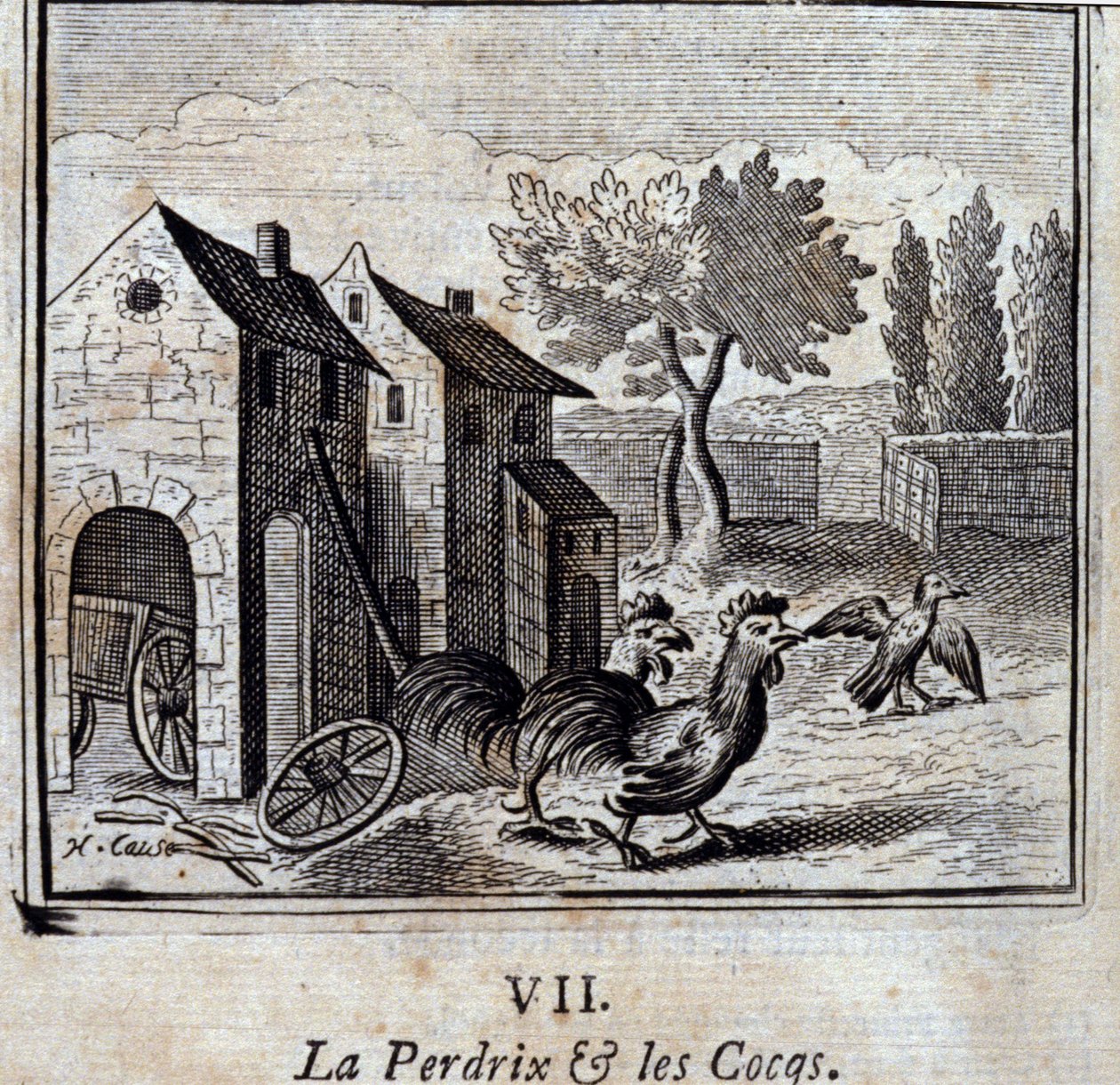 Kuropatwa i koguty. Bajki Jean de La Fontaine (1621-95). Ilustracja François Chauveau (1613-1676). Wydanie z 1728 r. autorstwa Francois Chauveau