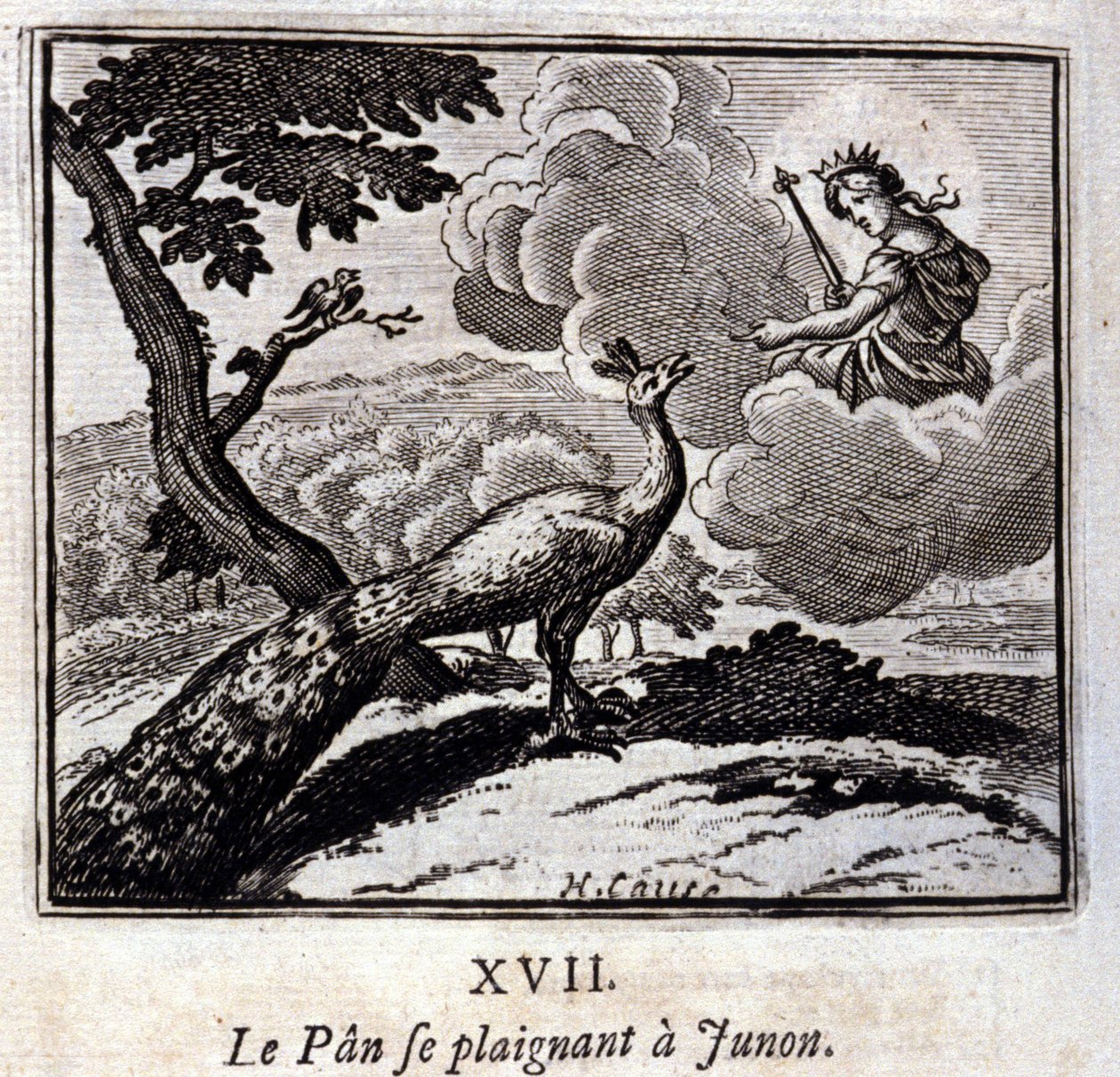 Paw skarży się Junonowi. Bajki Jean de La Fontaine (1621-95). Ilustracja autorstwa François Chauveau (1613-1676). Wydanie z 1728 r. autorstwa Francois Chauveau