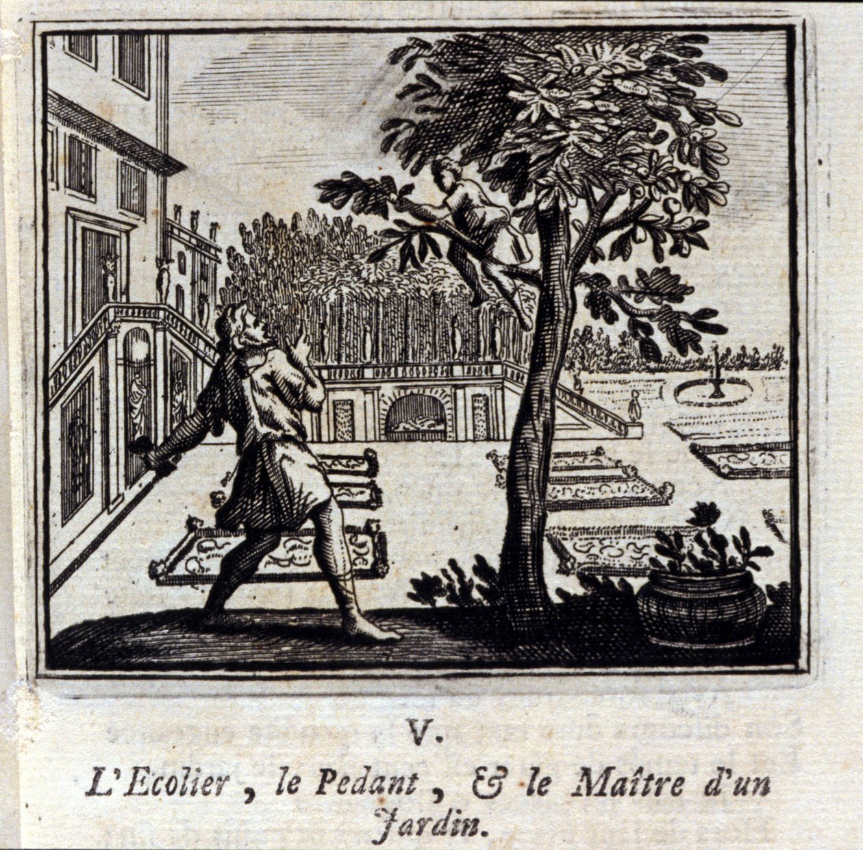 Szkoła Pedantów i Mistrz Ogrodu. Bajki Jean de La Fontaine (1621-95). Ilustracja François Chauveau (1613-1676). Wydanie z 1728 r. autorstwa Francois Chauveau