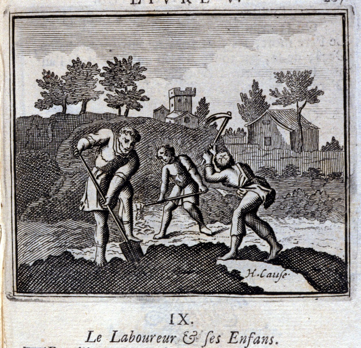 Ploureur i jego dzieci. Bajki Jean de La Fontaine (1621-95). Ilustracja Francois Chauveau (1613-1676). Wydanie z 1728 r. autorstwa Francois Chauveau