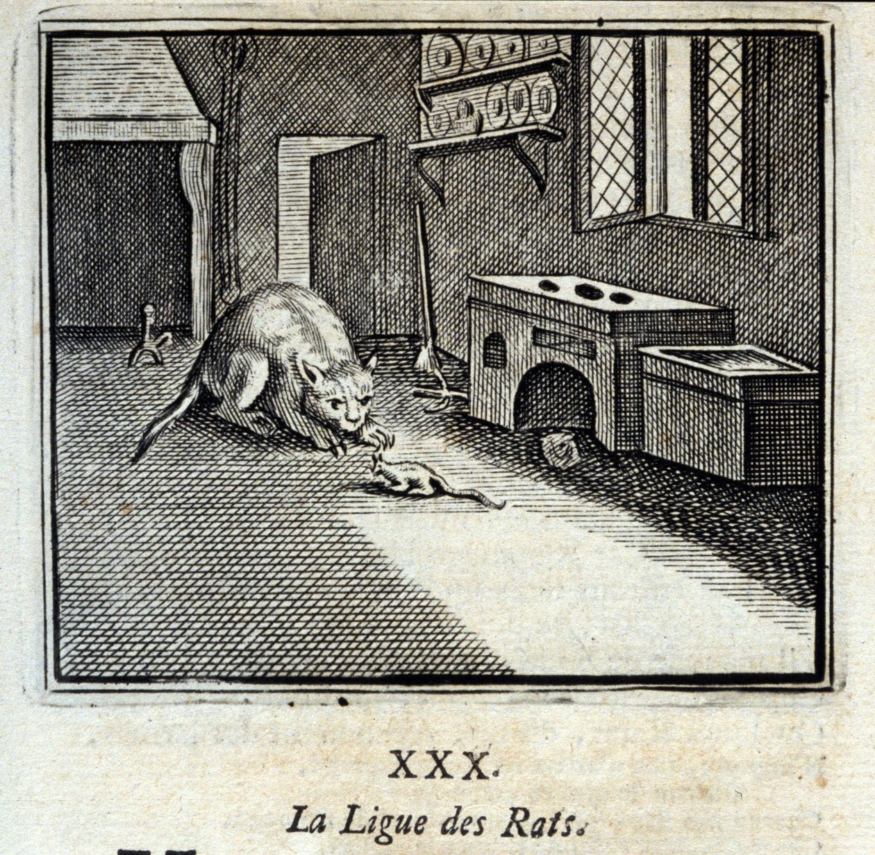 Liga Szczurów. Bajki Jean de La Fontaine (1621-95). Ilustracja François Chauveau (1613-1676). Wydanie z 1728 r. autorstwa Francois Chauveau