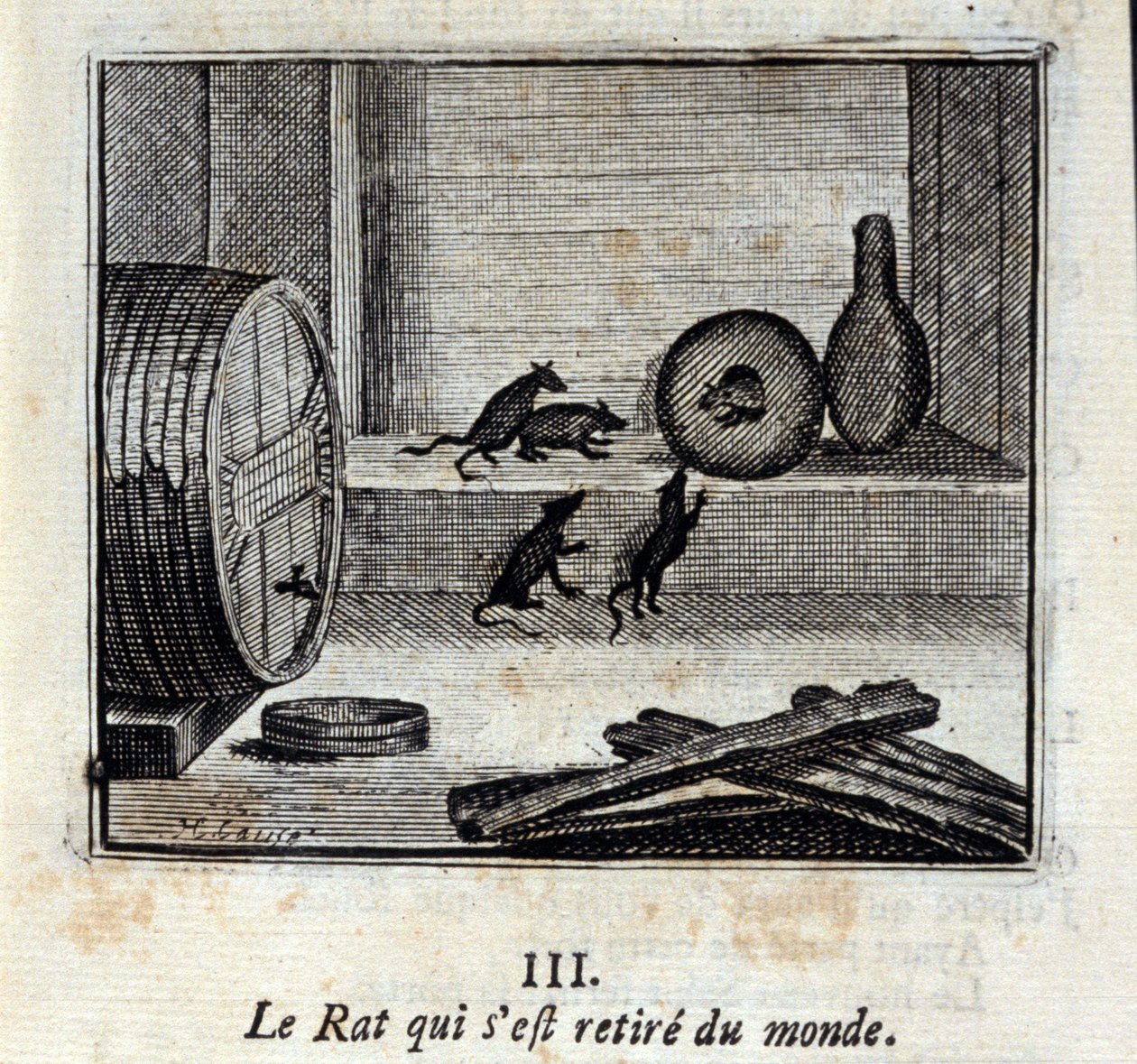 Szczur, który wycofał się ze świata. Bajki Jean de La Fontaine (1621-95). Ilustracja autorstwa François Chauveau (1613-1676). Wydanie z 1728 r. autorstwa Francois Chauveau