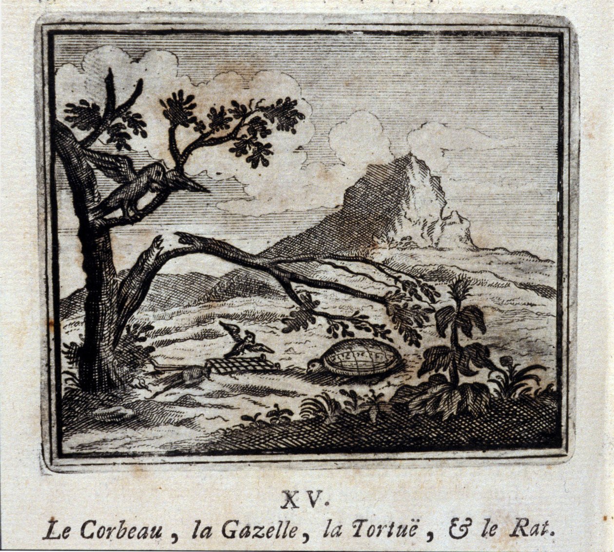 Kruk, Gazela, Żółw i Szczur. Bajki Jean de La Fontaine (1621-95). Ilustracja François Chauveau (1613-1676). Wydanie z 1728 r. autorstwa Francois Chauveau