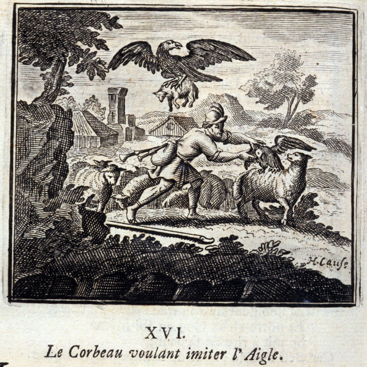 Kruk chcący naśladować Orła. Bajki Jean de La Fontaine (1621-95). Ilustracja François Chauveau (1613-1676). Wydanie z 1728 r. autorstwa Francois Chauveau
