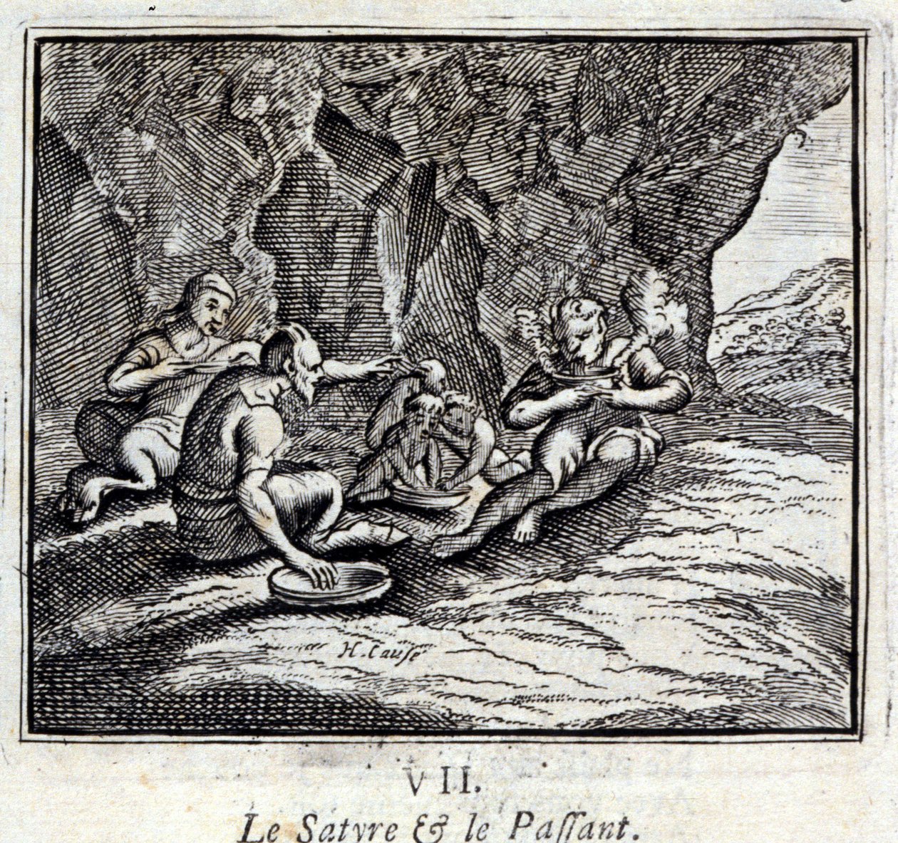 Satyr i pasażer. Bajki Jean de La Fontaine (1621-95). Ilustracja François Chauveau (1613-1676). Wydanie z 1728 r. autorstwa Francois Chauveau