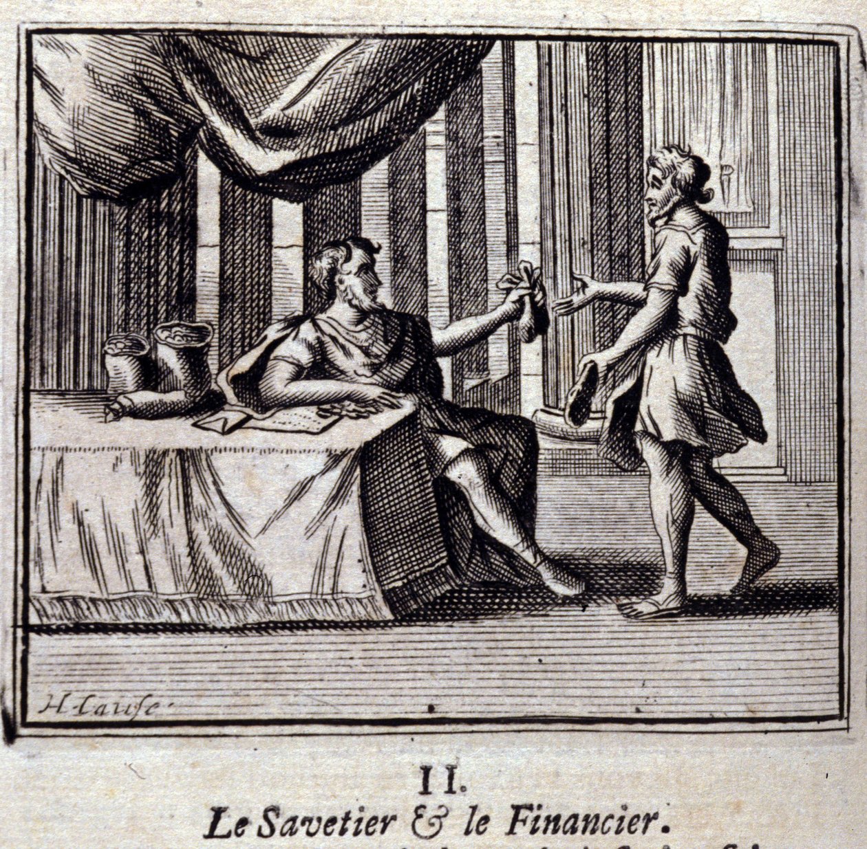 Savetier i Finder. Bajki Jean de La Fontaine (1621-95). Ilustracja François Chauveau (1613-1676). Wydanie z 1728 r. autorstwa Francois Chauveau