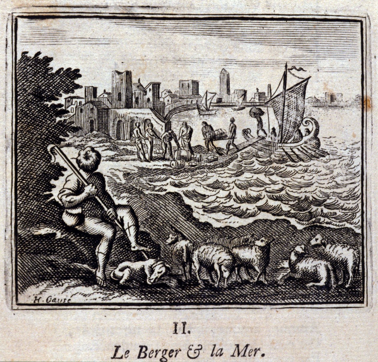 Pasterz i morze. Bajki Jean de La Fontaine (1621-95). Ilustracja autorstwa François Chauveau (1613-1676). Wydanie z 1728 r. autorstwa Francois Chauveau
