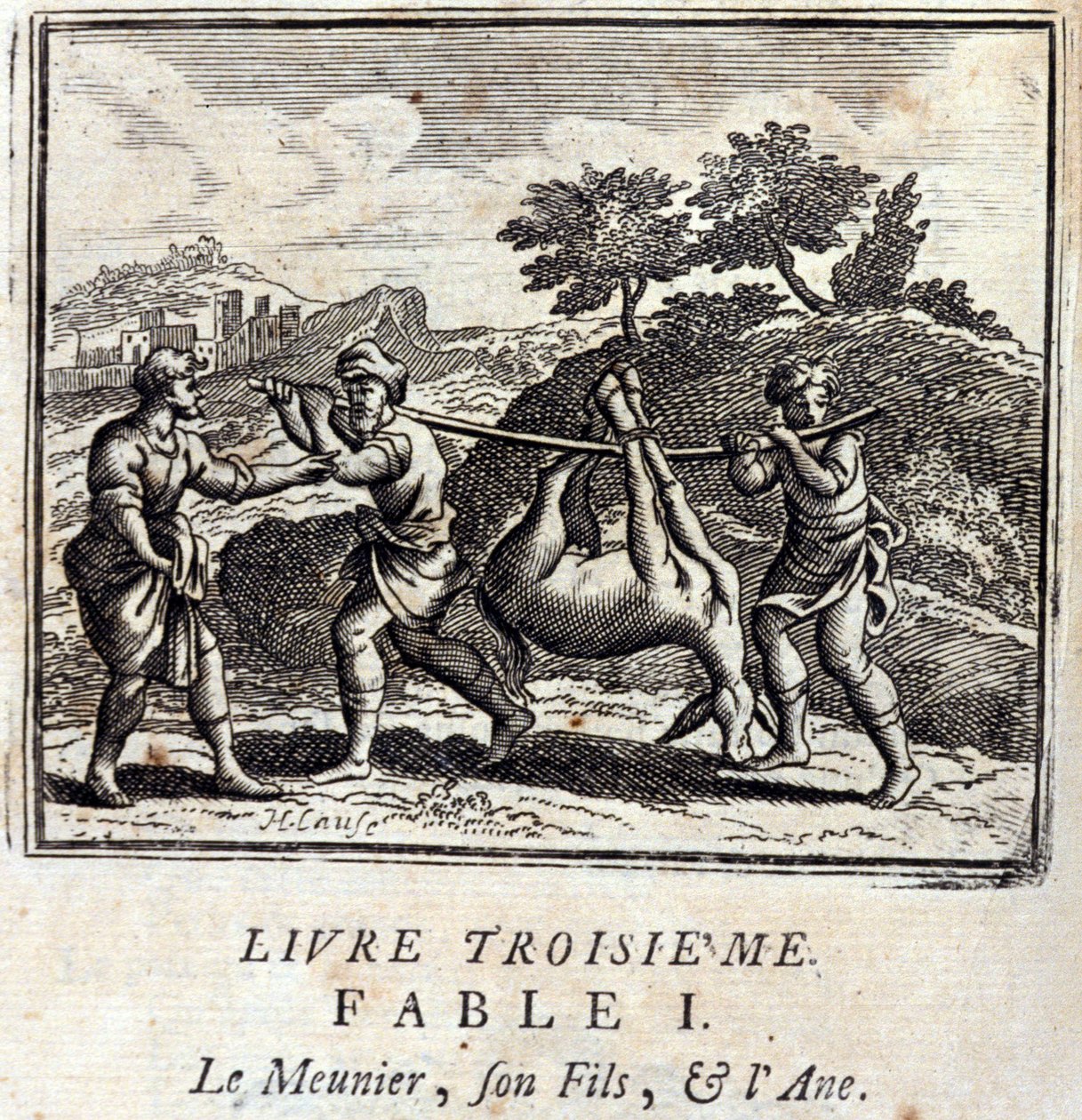Sucker, jego syn i Osioł. Bajki Jean de La Fontaine (1621-95). Ilustracja François Chauveau (1613-1676). Wydanie z 1728 r. autorstwa Francois Chauveau
