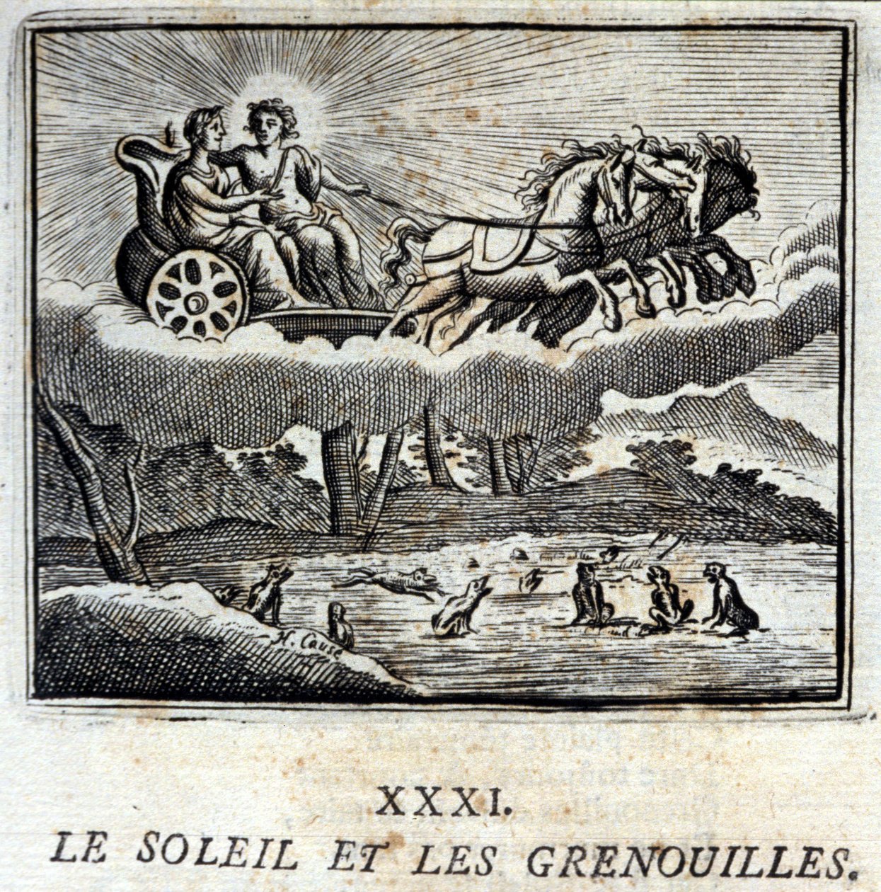 Słońce i żaby. Bajki Jean de La Fontaine (1621-95). Ilustracja François Chauveau (1613-1676). Wydanie z 1728 r. autorstwa Francois Chauveau