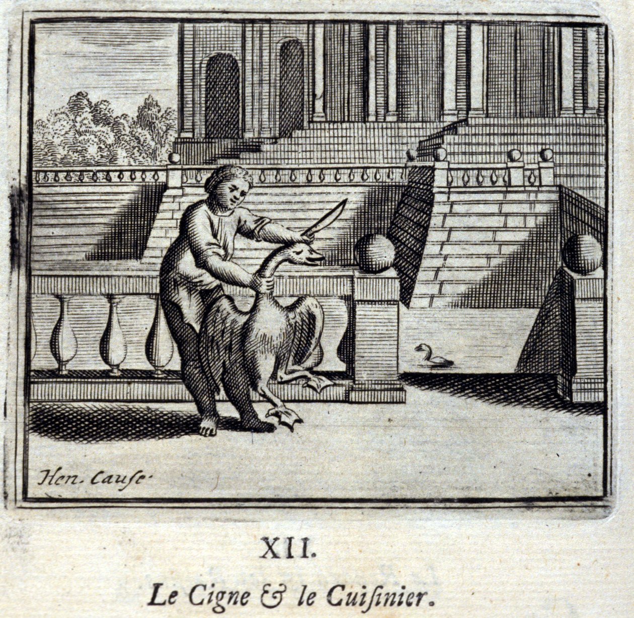 Łabędź i kucharz. Bajki Jean de La Fontaine (1621-95). Ilustracja Francois Chauveau (1613-1676). Wydanie z 1728 r. autorstwa Francois Chauveau
