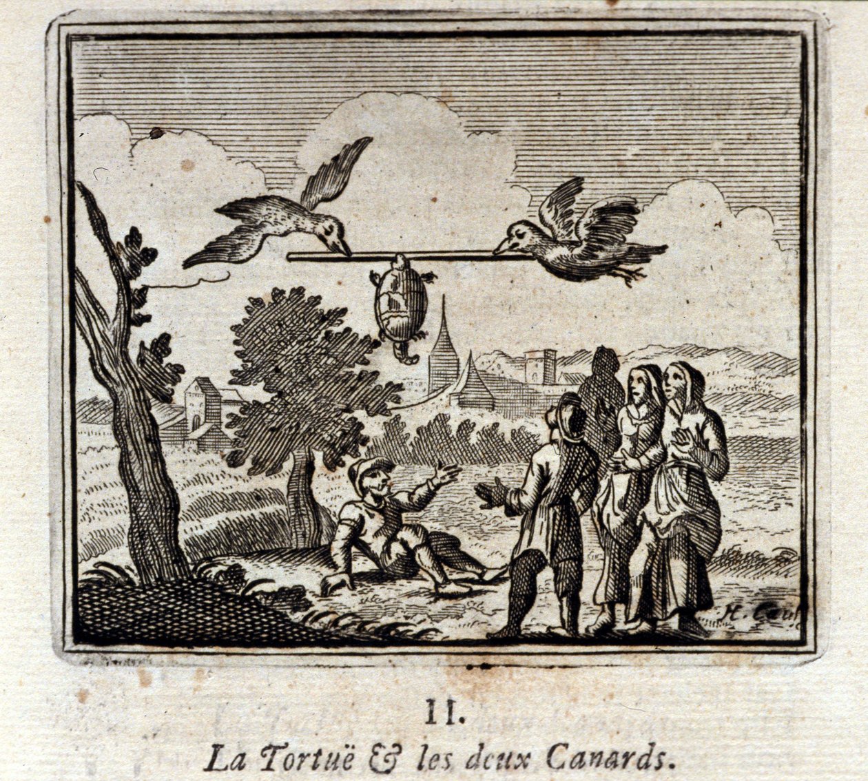 Żółw i dwie kaczki. Bajki Jean de La Fontaine (1621-95). Ilustracja François Chauveau (1613-1676). Wydanie z 1728 r. autorstwa Francois Chauveau