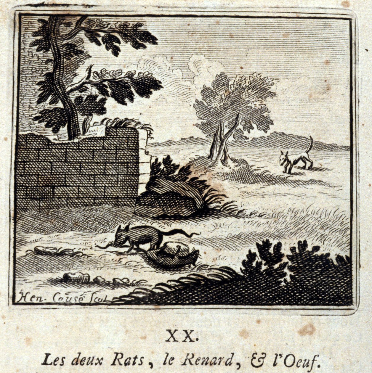 Dwa szczury, lis i jajko. Bajki Jean de La Fontaine (1621-95). Ilustracja François Chauveau (1613-1676). Wydanie z 1728 r. autorstwa Francois Chauveau