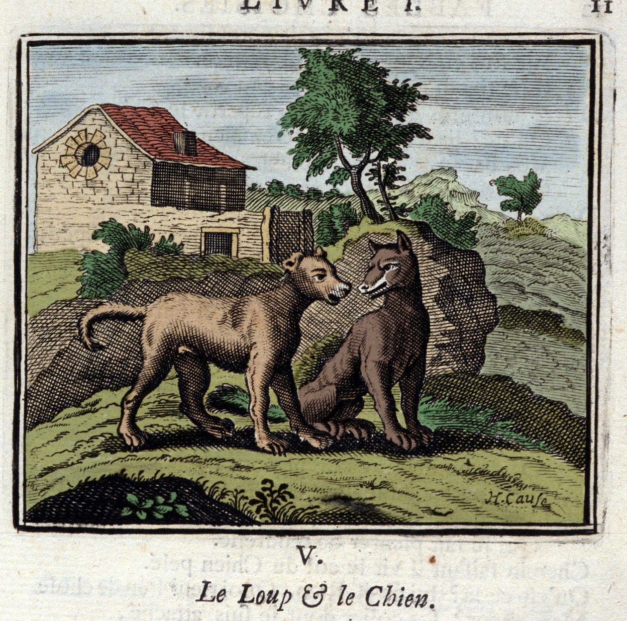 Wilk i pies. Bajki Jeana de La Fontaine (1621-1695). Ilustracja Francois Chauveau (1613-1676). Wydanie z 1728 r. autorstwa Francois Chauveau