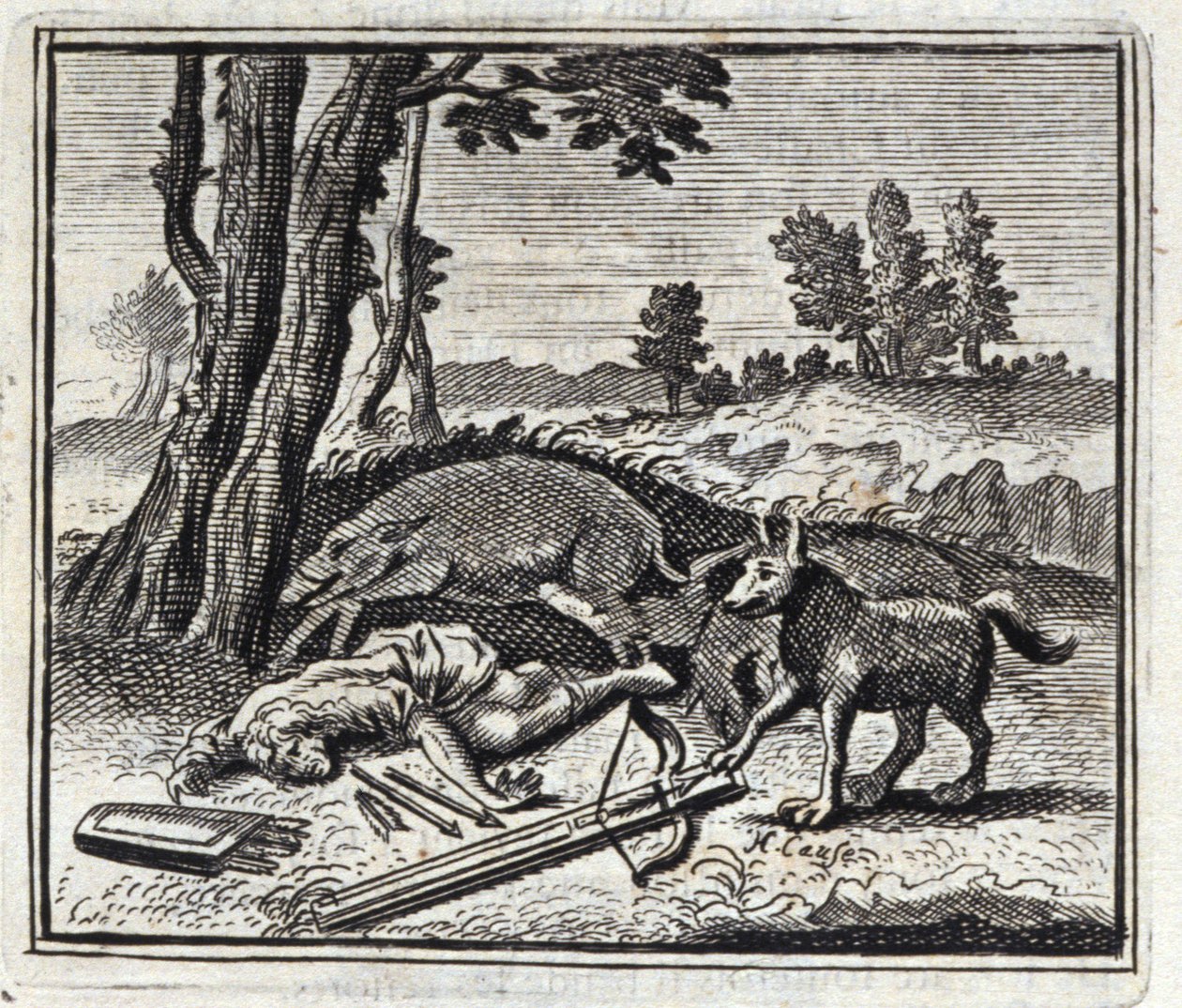 Wilk i Łowca. Bajki Jean de La Fontaine (1621-95). Ilustracja Francois Chauveau (1613-1676). Wydanie z 1728 r. autorstwa Francois Chauveau