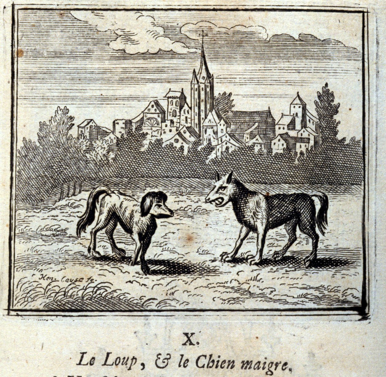 Wilk i chudy pies. Bajki Jean de La Fontaine (1621-95). Ilustracja François Chauveau (1613-1676). Wydanie z 1728 r. autorstwa Francois Chauveau