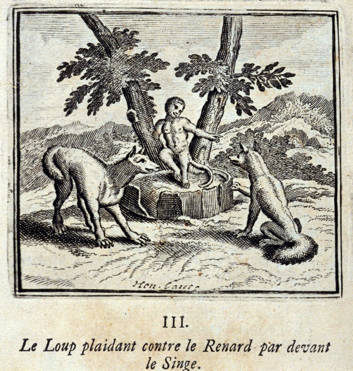 Wilk błagający Lisa przed Małpą. Bajki Jean de La Fontaine (1621-95). Ilustracja François Chauveau (1613-1676). Wydanie z 1728 r. autorstwa Francois Chauveau