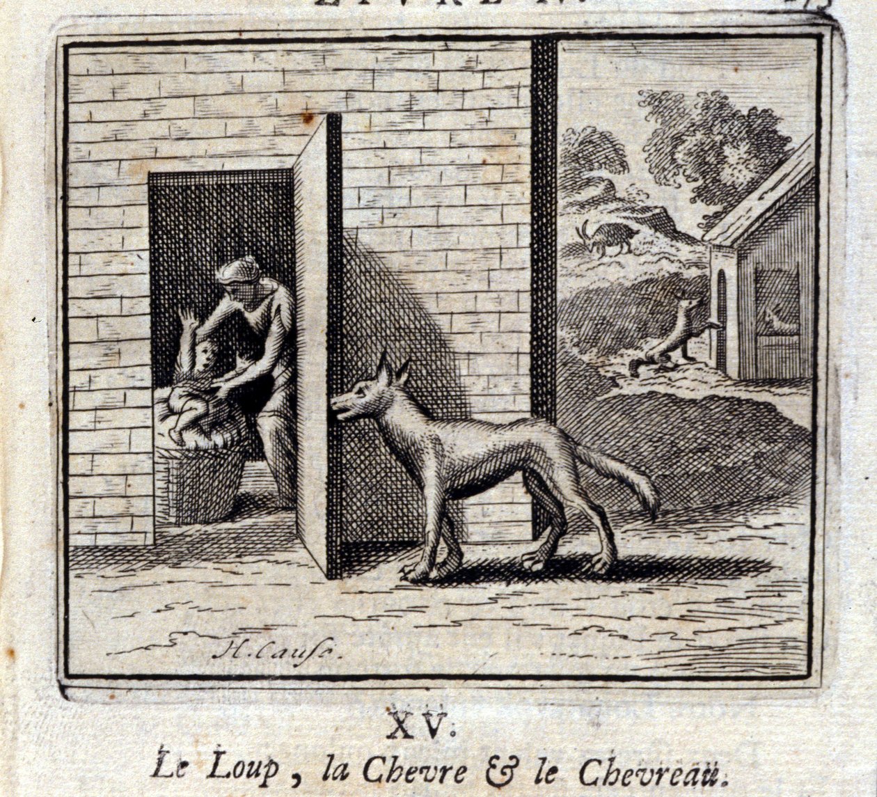 Wilk, Koza i Koza. Bajki Jean de La Fontaine (1621-95). Ilustracja autorstwa François Chauveau (1613-1676). Wydanie z 1728 r. autorstwa Francois Chauveau